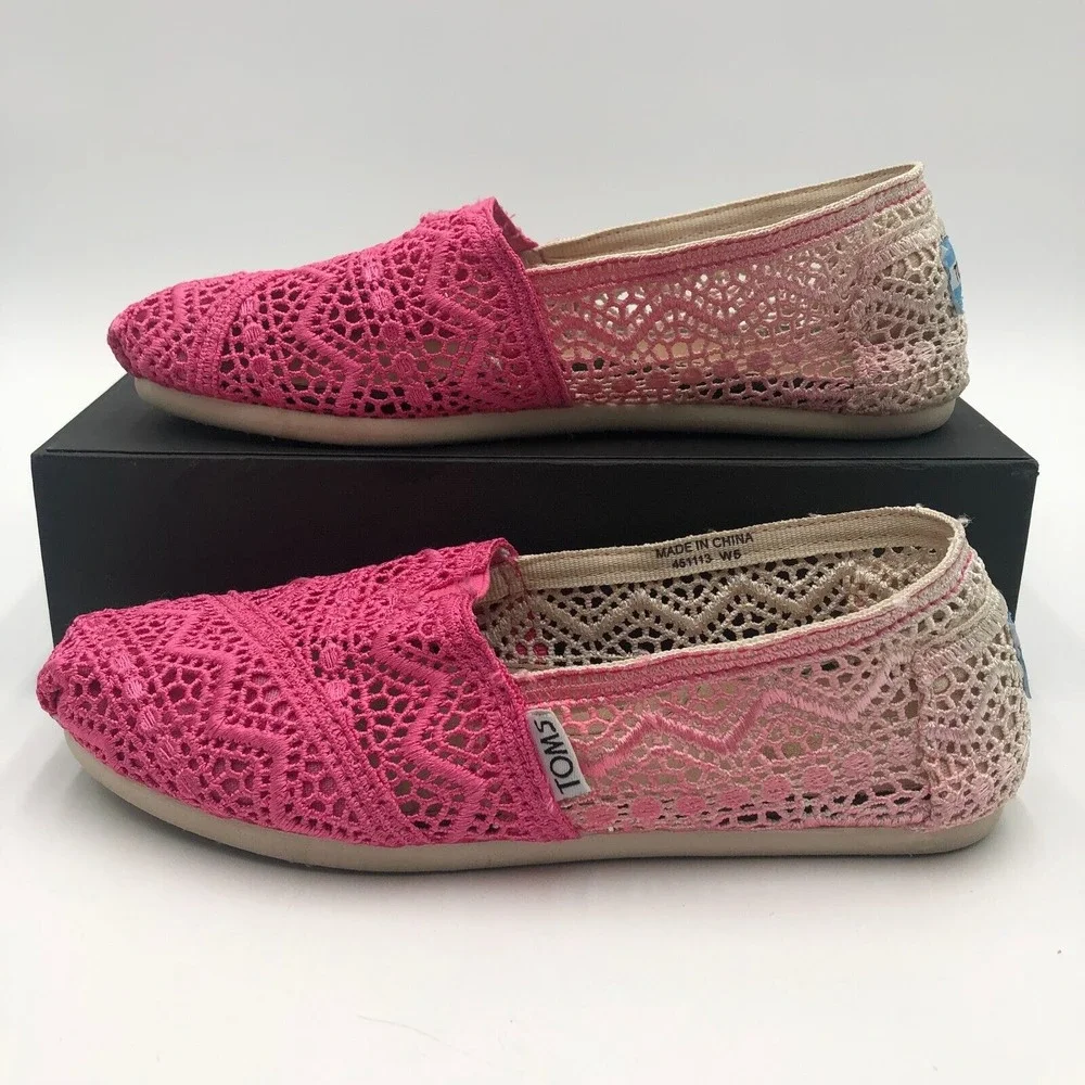 TOMS Moroccan Flat Shoes Womens Size 5 Ombre Pink Crochet Lace Slip‎ On 451113